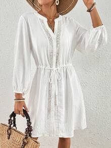 Swim Lushoire 女士夏季沙滩圆领前开襟长袖拼接镂空蕾丝抽绳腰带度假休闲和服连衣裙 - 白色 - 查看 4