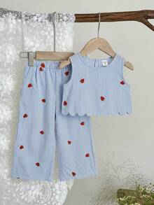 LMoss Kids 2件套女童条纹草莓印花无袖上衣和宽松休闲裤套装，儿童服装 - 藍色 - 查看 5