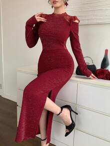 DAZY 女士纯色蕾丝拼接立领优雅长袖连衣裙 - 酒紅色 - 查看 4