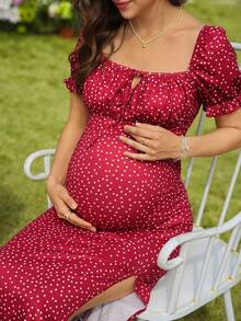 SHEIN Polka Dot Petal Sleeve Tie Front Ruffle Trim Maternity Dress, Suitable For Summer Vacation & Beach - Burgundy - View 7