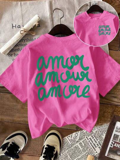 SHEIN LUNE Camiseta de mujer, camiseta de manga corta con gráfico de estilo casual de calle, top de verano lindo