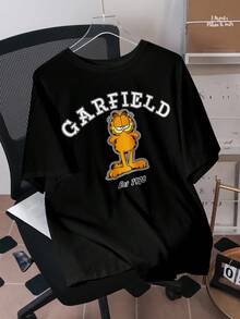 GARFIELD | SHEIN Áo thun nam tay ngắn cổ tròn in chữ hoạt hình, kiểu dáng thường ngày, đa năng. - màu đen - Xem 1