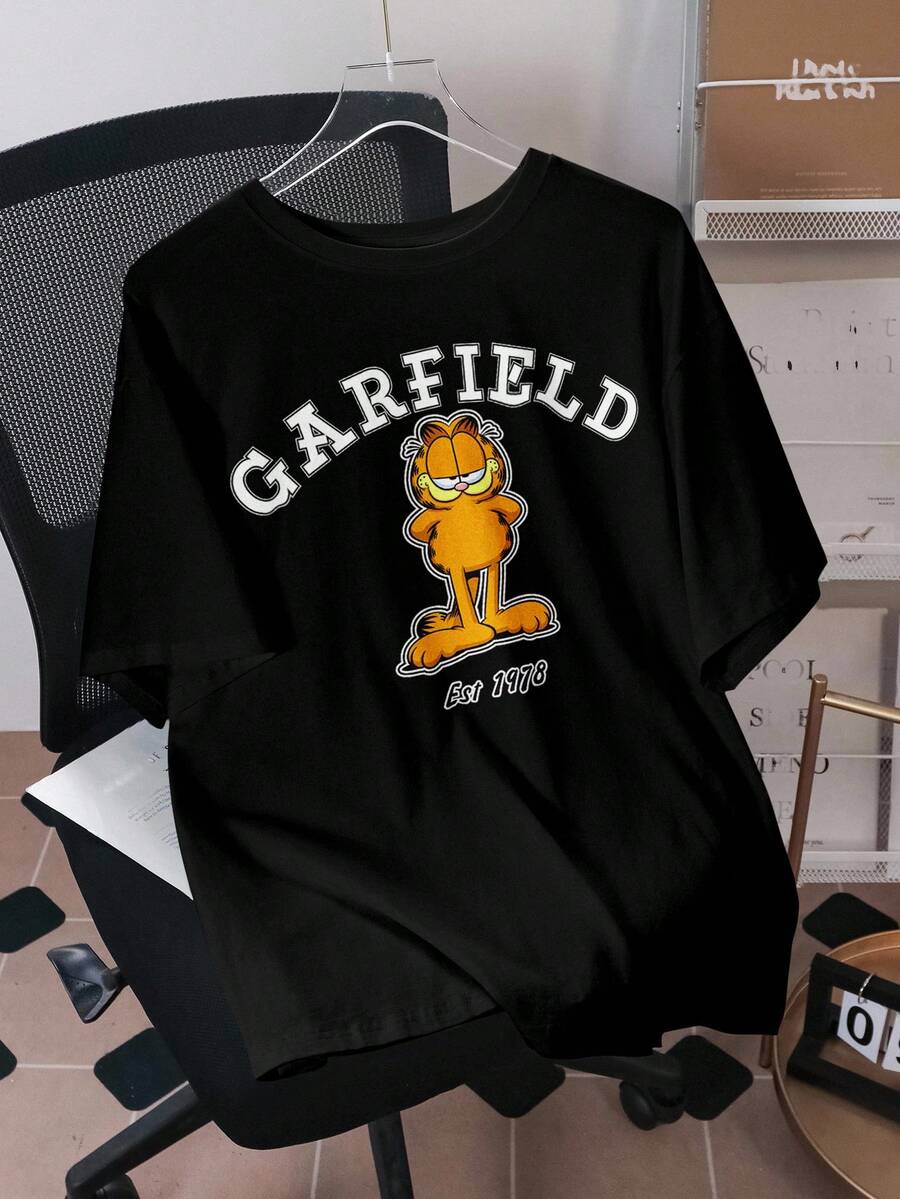 GARFIELD | SHEIN Áo thun nam tay ngắn cổ tròn in chữ hoạt hình, kiểu dáng thường ngày, đa năng. - màu đen - Xem 1