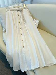 Franclia 2026新款女士夏季纯白色纹理面料单排扣弹力腰A字裙 - 白色 - 查看 2