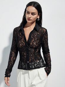 Aveloria Modichic Blusa de manga larga elegante y sexy para mujer con cuello de encaje transparente, versátil y de moda para la primavera/verano - Negro - Ver 3