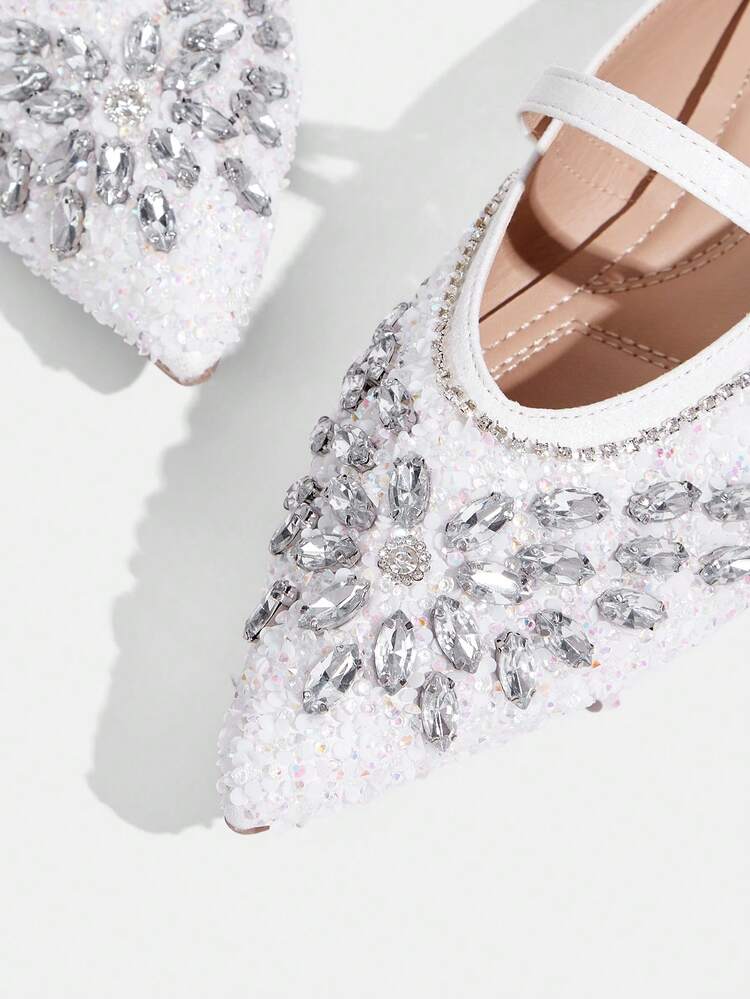 CUCCOO TILAWA Women Shoes Fashion Pointed Flat Bottom White Strap Full Diamond Rhinestone Comfortable Commuter Versatile Gorgeous Party Banquet Ladies Flat Shoes Mule Women's Shoes