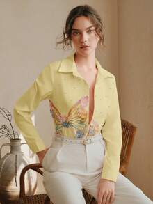 Women's New Spring/Summer Long Sleeve Pink Embroidered Rhinestone Butterfly Elegant Luxurious Blouse, Delicate Shirt, Pink Ladies Shirt, Pink Top - Yellow - View 7