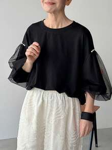 FRIFUL 女士圆领宽松网纱花瓣袖宽松夏季短袖T恤 - 黑色 - 查看 5