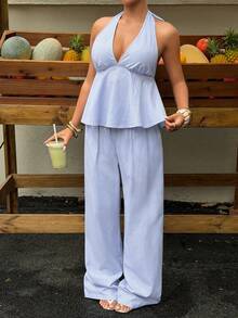 Sunnyshic Blue Striped Cotton Fabric Deep V-Neck Halter Backless Ruffle Hem Camisole And High Waist Straight Leg Wide Leg Pants 2 Piece Set, Women Spring Summer Vacation Beach Commute Elegant Cute Romantic Minimalist Casual Outing Date Versatile - Blue and White - View 6