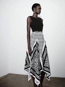 Lumivelle Women's New Round Neck Ribbed Knit Fabric Patchwork Leopard Print Asymmetrical Hem Casual Minimalist Fashion Dress, Spring/Summer Asymmetrical Skirt Wrap Skirt Black And White Skirt Graphic Print Skirt Pattern Skirt - Multicolor - View 4