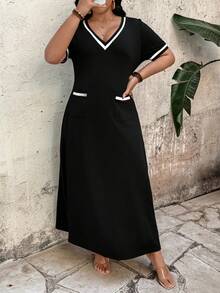EMERY ROSE 大码女式V领短袖A字宽松休闲连衣裙，舒适时尚，适合度假、日常穿着、职场等场合，优雅百搭，长款设计 - 黑色 - 查看 6