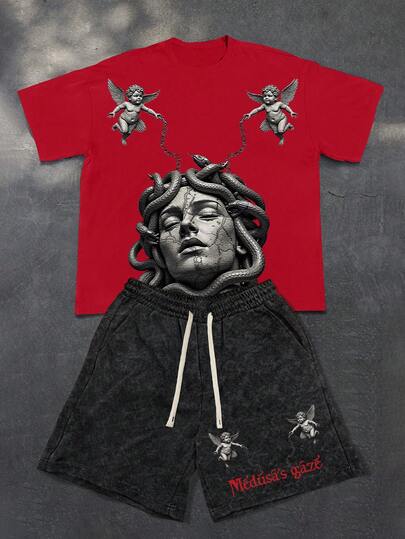 PAVTROS Erkekler için Portre ve Slogan Baskılı Günlük Yuvarlak Yaka Kısa Kollu Tişört ve Büzgülü Bel Şort Takımı, Yaz İçin Sokak Stili 2 Parça Kıyafet