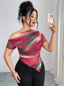 Elenzga 大码T恤，艺术渐变网纱不对称肩部设计，优雅印花衬衫 - 西瓜粉 - 查看 4
