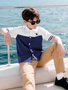 SHEIN 2pcs Tween Boy Dinosaur Print Patchwork Short Sleeve Shirt+Solid Pants Set,Blue And White,Summer,Casual,Matching,Business,Family Vacation,Holiday - Multicolor - View 1