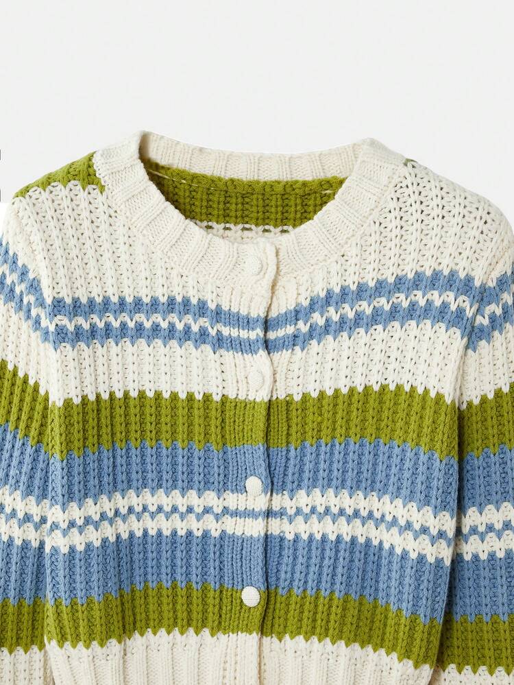 Green And Blue Stripe Knitted Button Front Cropped Long Sleeve Cardigan Cosy Cute Spring French Style Parisian Style Summer Sweaters For Women Jumper For Woman Summer Jumper Cottagecore Clothes