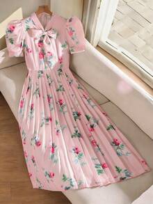 1 pieza Vestido largo de verano elegante y dulce para adolescentes, con cuello en color albaricoque, detalle de lazo, mangas cortas, cintura ajustada y falda plisada, ideal para uso diario, compras, fiestas de jardín y talla grande - Rosa Pálido - Ver 3