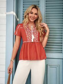 Louniche Women's Casual Vacation Retro Print V-Neck Tassel Tie Blouse, Spring/Summer - Red - View 5