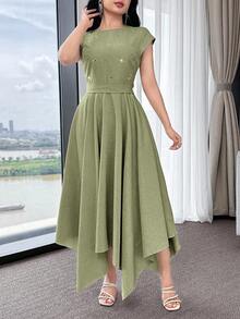 Feyla Women's Green Short Sleeve Rhinestone Decorated Long Dress - Green - View 6
