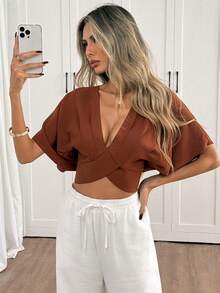 Rafferiza 女士性感露背系带V领蝙蝠袖设计收腰短款露脐上衣，适合夏季狂欢节、海滩派对、郊游 - 咖啡棕 - 查看 1