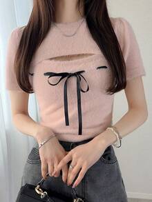 FRIFUL Áo dệt kim tay ngắn thắt nơ phía trước khoét lỗ dành cho nữ - Hồng - Xem 5