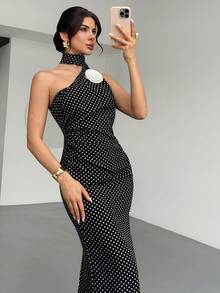 SHEIN Women's Elegant Sleeveless Floral Decor Polka Dot Print Dress - Black and White - View 3
