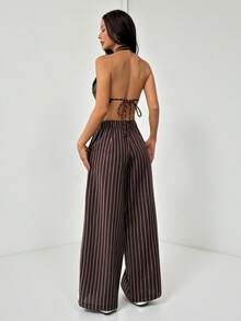 SHEIN PETITE Spring/Summer Office Lady V-Neck Sleeveless Top With Open Back & Wide Leg Pants, Slimming And Lengthening Outfit For Streetwear Brown Two Piece Set Women Striped Two Piece Set - Brown - View 3