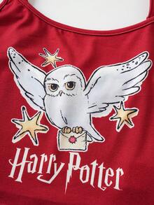 HARRY POTTER X SHEIN Bộ đồ ngủ nữ không tay, dây mảnh, họa tiết thời trang, thích hợp cho mùa hè. - Đỏ - Xem 3