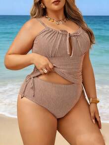 Swim Lushoire 2026 春季大码女式浅咖啡色吊带背心上衣，侧边抽绳设计，搭配高腰裤，修身两件套泳衣，适合日常穿着 - 咖啡棕 - 查看 3