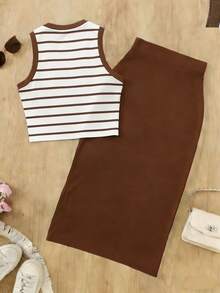 GlowEve Striped Sleeveless Casual Tank Top And Mini Skirt 2 Pieces Set, Summer - Multicolor - View 2