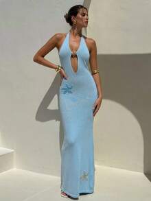 Aloruh 女士度假沙滩海星亮片装饰露背吊带连衣裙 - 淺藍色 - 查看 4