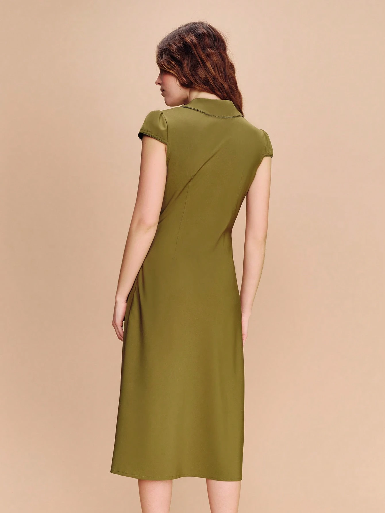 Khaki Satin Fitted Midi Dress With Peter Pan Collar And Cute Lace Details Green Midi Dress Spring Summer Going Out Vacation Dress Green Satin Dress Office Dress French Style Dress