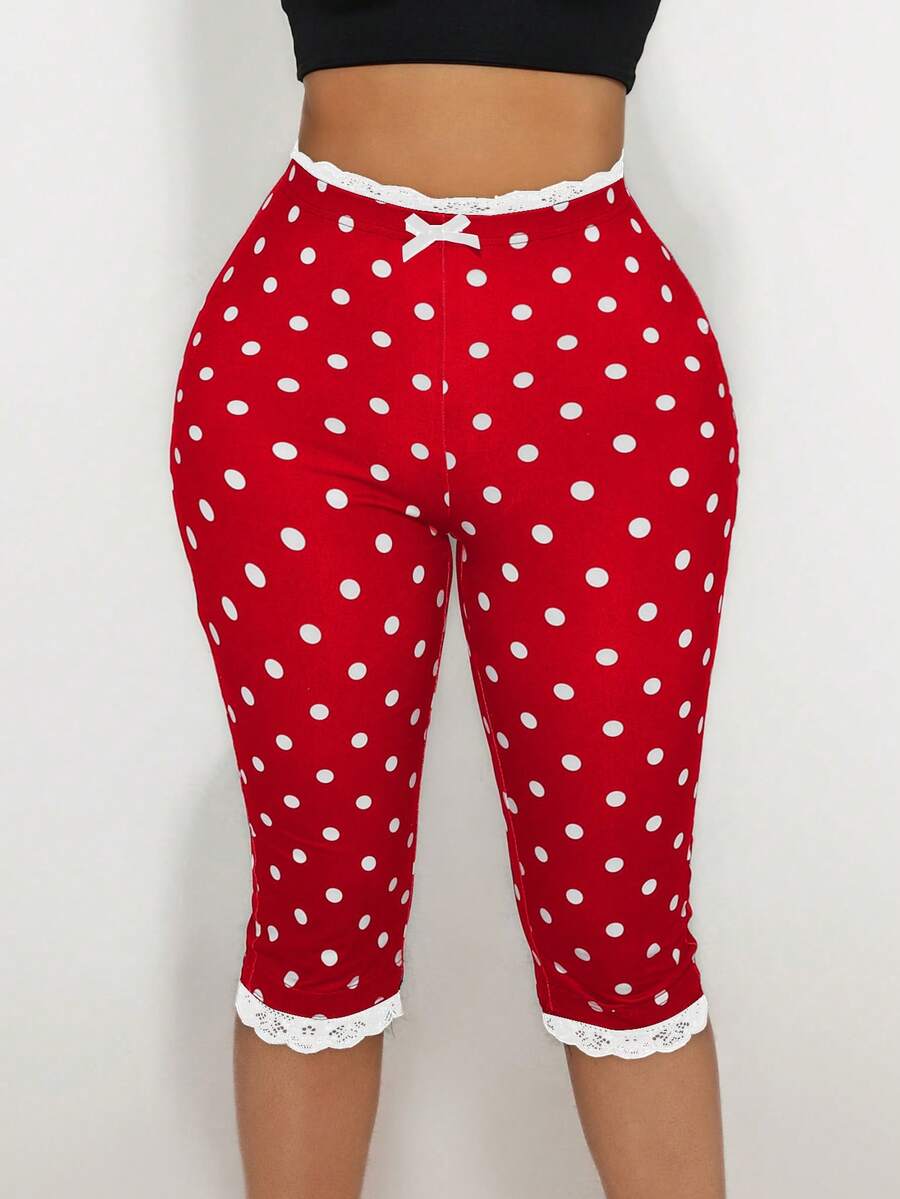 Sirith Women's Lace Trim Bow Decor Polka Dot Skinny Pants - Red - View 1