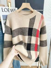 Resyla Áo len nữ dài tay cổ tròn tối giản phối màu tương phản - Màu be - Xem 3