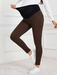 SHEIN Adjustable Waist Patchwork Casual Everyday Maternity Jeans - Coffee Brown - View 6