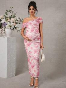 Momance 优雅印花孕妇连衣裙，肩部褶皱设计，修身剪裁 - 粉色 - 查看 3