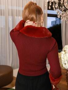 Gretanique 羊羔绒领毛边袖紧身黑色长袖开衫，秋冬季长袖上衣 - 酒紅色 - 查看 2