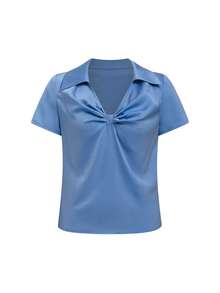 GlowEve 女士梭织缎面短袖V领衬衫，优雅办公服饰，新款春夏时尚衬衫 - 藍色 - 查看 3