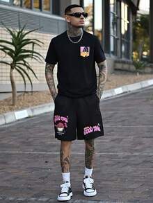 Devon Thys Men's Slogan Cartoon Character Printed Drawstring Waist Casual Shorts, Football Style - Black - View 6