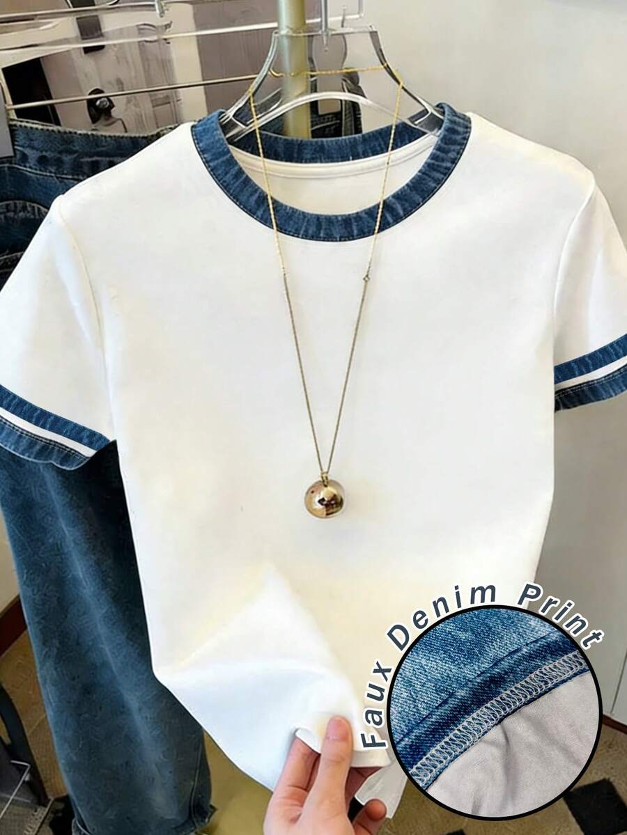 Resyla 这款牛仔风撞色条纹印花女式白色T恤，是夏季必备单品，时尚百搭，可定制个性款式，适合送给兄弟姐妹、姐妹或母亲，也是母亲节的绝佳礼物，休闲又不失时尚感。 - 白色 - 查看 1