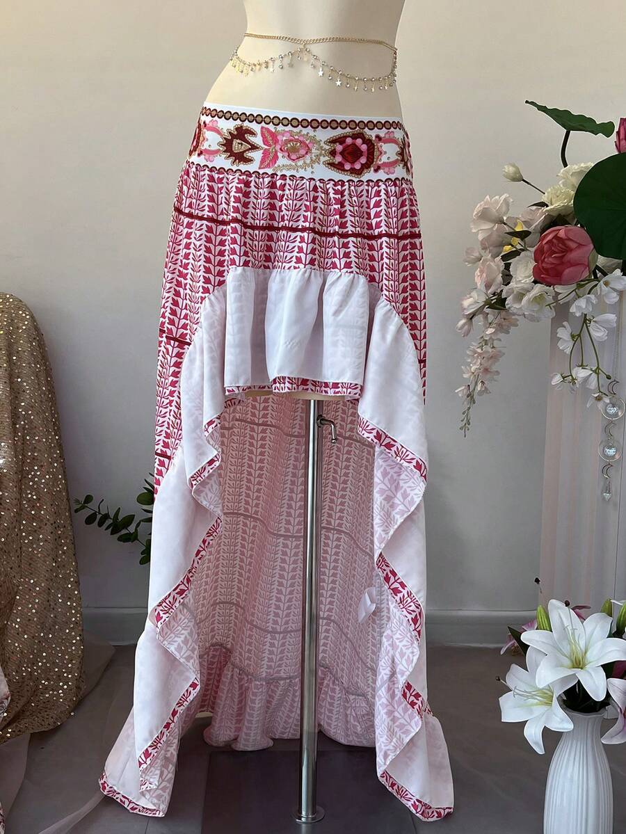 SuriyaCove 女士春夏印花不对称荷叶边沙滩/度假裙 - 粉色 - 查看 1