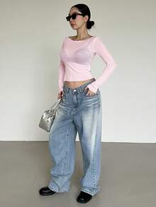 DAZY Spring New Off-Shoulder Slim Fit Semi-Sheer Women T-Shirt Summer - Pink - View 3