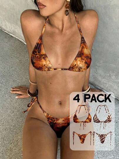 Aloruh Women's New Vintage Rainforest Zebra & Leopard Print Spaghetti Strap Triangle Cup Bikini Bottom With Side Tie 4-Piece Swimwear, Women's Swimwear, Women's Beach Outfit, Women's Resort Wear, Holiday