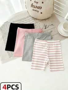 4件套女婴套装（6个月-2-3岁）休闲纯色+粉白条纹印花5分钟速成打底裤，轻盈舒适百搭裤装，适合春、夏、秋季穿着 - 彩色 - 查看 4
