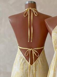 Breezaya Women's Summer Vacation Style Printed Open Back Drawstring Dress - Yellow - View 7