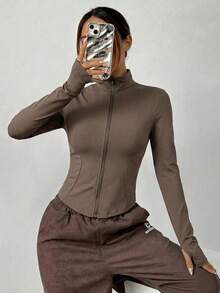 SHEIN EZwear 大码女式秋季长袖拉链翻领咖啡棕色外套 - 咖啡棕 - 查看 4