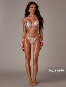 SHEIN BAE 女士性感露背系带水晶流苏网纱比基尼上衣，沙滩度假风 - 粉色 - 查看 3