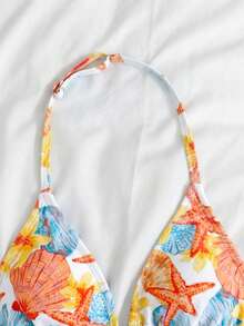 SHEIN 3pcs/Set Girls' Orange Shell Print Swimsuit Top & Bottoms, Beach Vacation Style - Multicolor - View 4