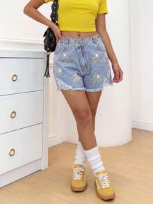 Girls' Denim Shorts,Light Blue Rhinestone Star Pattern Slant Waist Frayed Hem Non-Stretch Denim Fabric,Summer Streetwear City Break Casual School - Light Wash - View 8