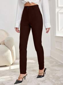 SHEIN Cottnline Solid Slant Pocket High Waist Suit Pants - Brown - View 5