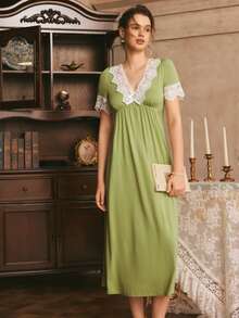 Côtesoire Women's French V-Neck Contrast Color Embroidered Lace Patchwork Short Sleeve Waist Cinched A-Line Long Nightgown - Olive Green - View 5
